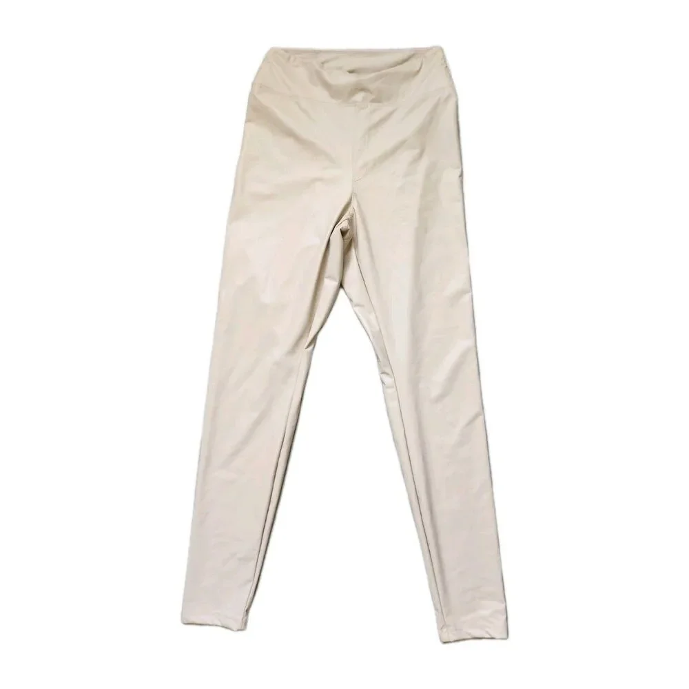 Aerie OFFLINE Nude Beige Pleather Leggings High Waisted Lightweight Yoga L EUC